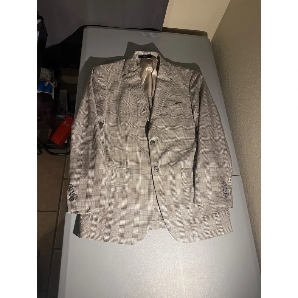 Joseph Abboud Silk Wool Glen Plaid Blazer Sport Coat Mens 38S Grey Tan